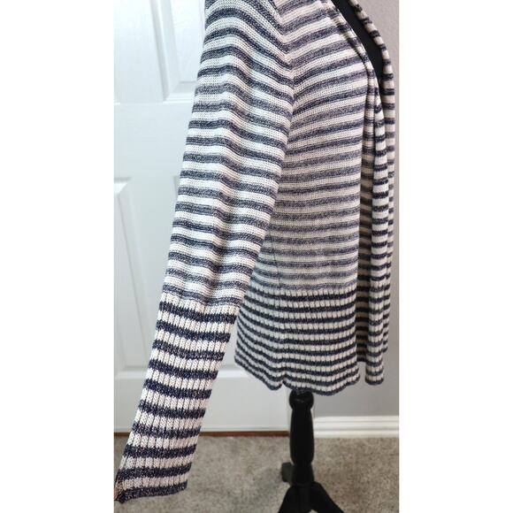 Coldwater Creek Navy Blue Striped Long Cardigan COTTON LINEN Open Front Large - Picture 3 of 7